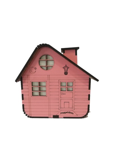 Kişiye Özel Dekoratif Ahşap Pembe Dağ Evi Kumbara -Tipbox