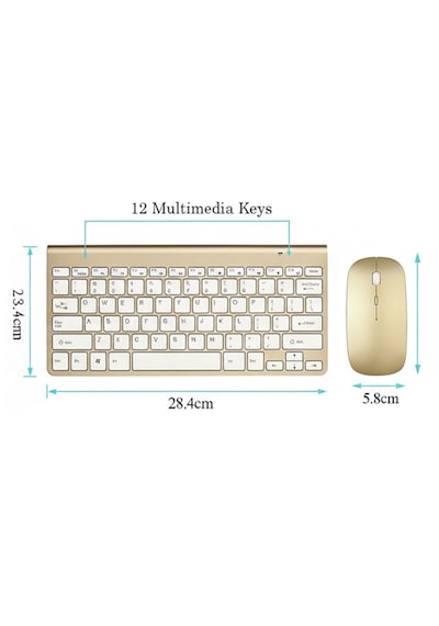 Premium Gold Klavye Mouse Seti - Sessiz Kablosuz Mini - Altın Serisi Optik