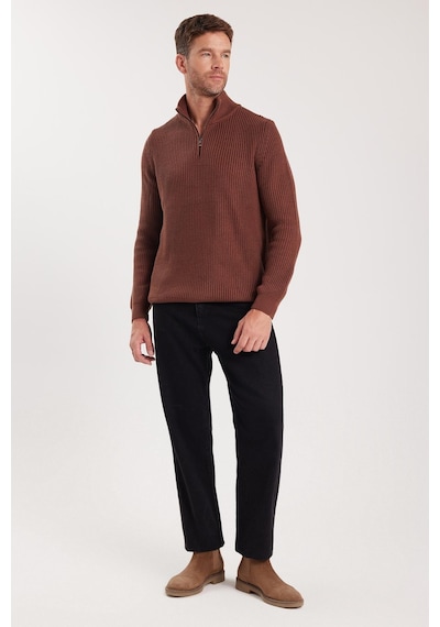Tudors Erkek Slim Fit Dar Kesim Fermuarlı Kahverengi Dik Yaka Triko Kazak-34924 Kahverengi
