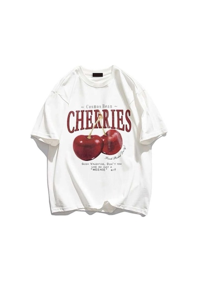 Tarzsokak Red Cherries Baskılı Oversize Unisex Beyaz