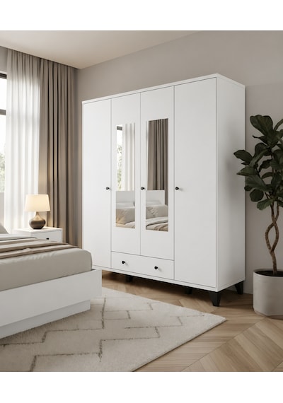 Vento Modern 4 Kapaklı Aynalı Fonksiyonel Yatak Odası & Genç Odası Elbise Dolabı - Beyaz