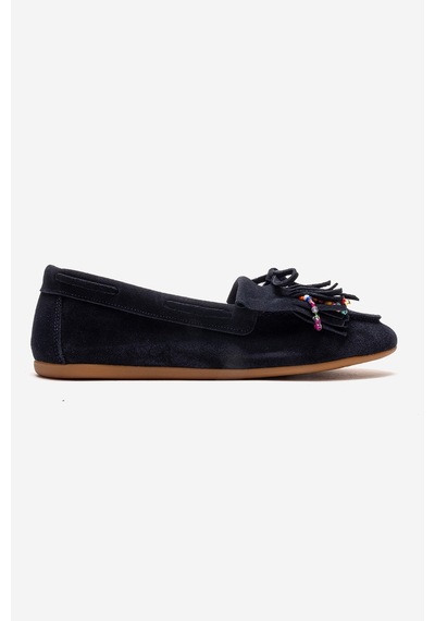 Luvishoes Evelyn Lacivert Süet Hakiki Deri Püsküllü Boncuklu Kadın Loafer Ayakkabı