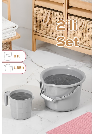Porsima 2li Banyo Balkon Temizlik Seti 8l Kulplu Kova 1,65l Maşrapa Banyo Seti Gri Gri
