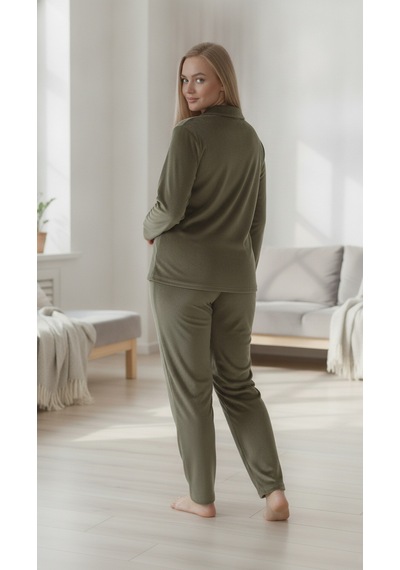 Estiva Kadın Önden Düğmeli Büyük Beden Kadife Pijama Takımı Haki