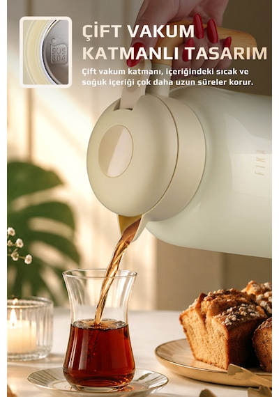 Fika Paeta Çift Katmanlı Sızdırmaz Kapaklı Çelik Orta Boy Sürahi Termos 1300 Ml Bej