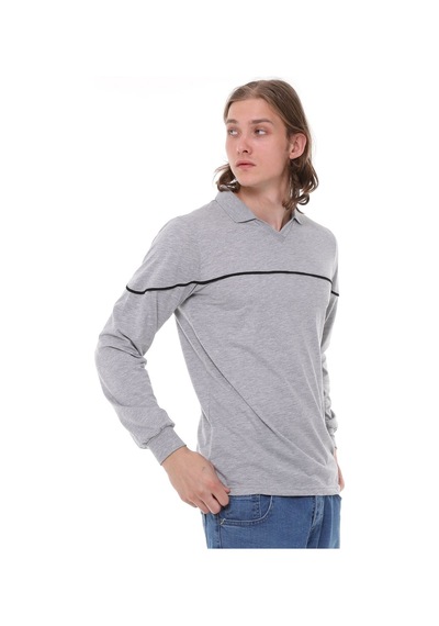 Uniprom Uzun Kollu Erkek T- Shirt Penye Polo Yaka %100 Pamuk Gri Melanj Açık Gri Melanj