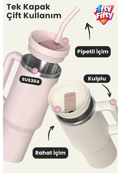 Tumbler Quencher Cup 1200 Ml Pipetli Rahat İçim Kulplu Sus304 Paslanmaz Çelik 1.2l Termos 1103-1200ml Siyah