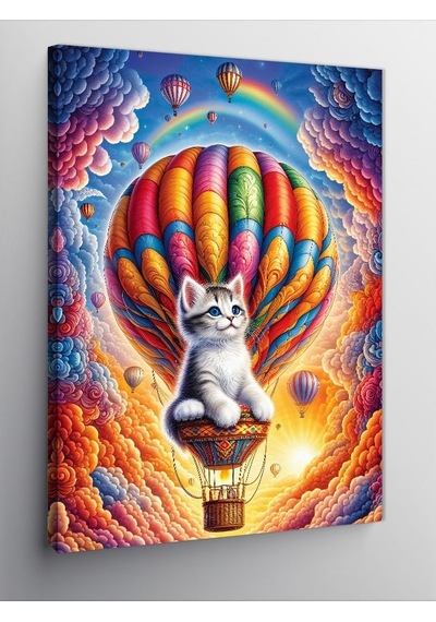 Kanvas Tablo Uçan Balon Yolculuğu Ve Kedi 100cmx140cm