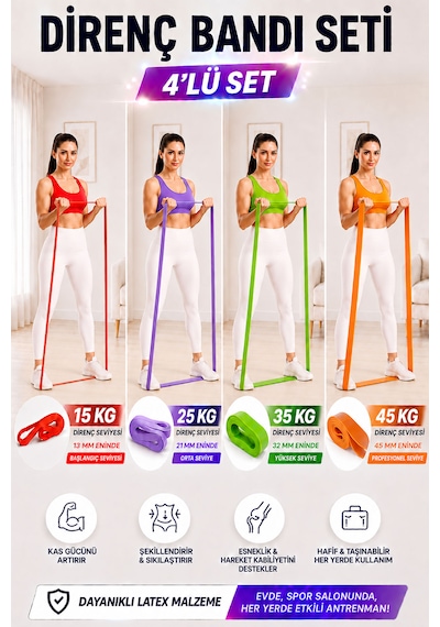 Spor Byfit 15 Kg Hafif, 25 Kg Orta, 35 Kg Yüksek Ve 45 Kg Profesyonel Dirençli Power Güç Bandı Lastiği Seti Kırmızı + Lila + Yeşil + Turuncu