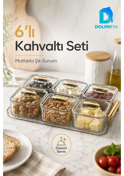 6 Lı Kapaklı Kahvaltılık Seti Şeffaf Gold Kulplu Sunum Tepsili Seffaf
