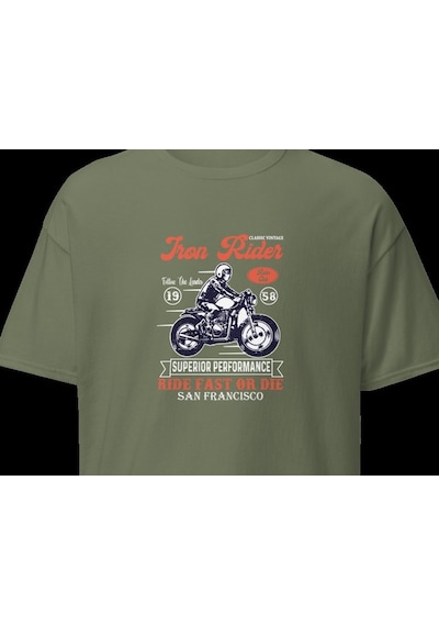 Wildstyle San Francisco Motosiklet Vintage Cafe Racer Motor Baskılı Unisex Bisiklet Yaka Pamuklu Tişört - Haki