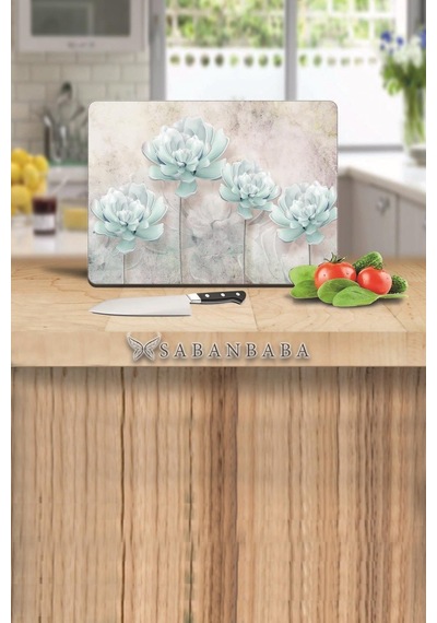 Mavi Çiçekler Cam Kesme Tahtası - Cam Kesme Tablası 30 Cm X 40