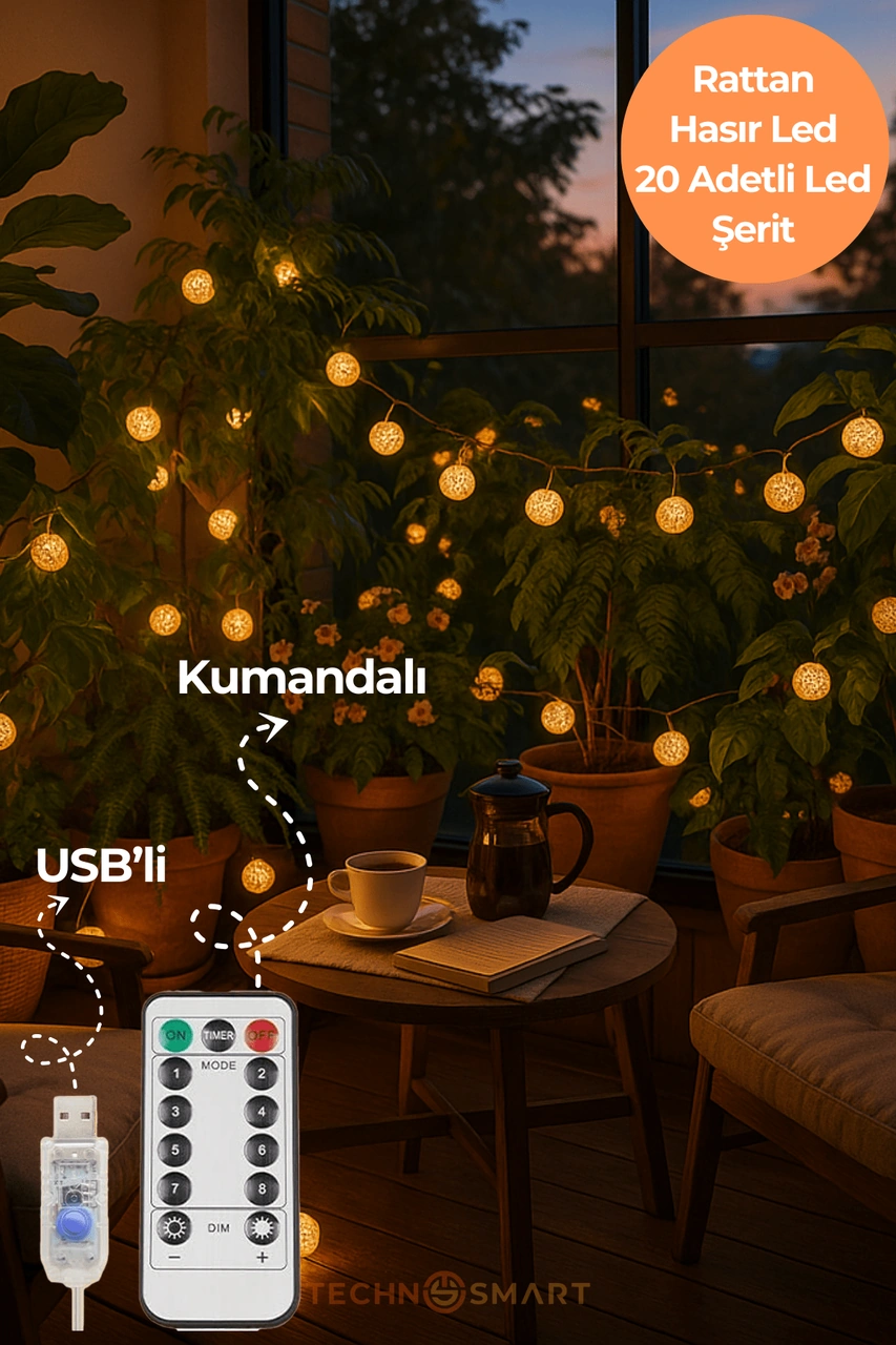 Technosmart 20 Ledli Rattan Top Şerit Led Işık Usb Li Ve Kumandalı, 4m, 8 Mod Dekoratif Aydınlatma Sarı