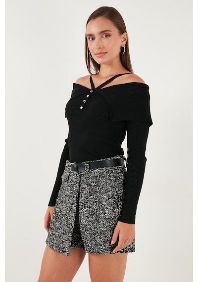 Lela Premium Fitted Fit Carmen Yaka Ip Askı Detaylı Triko Bayan Kazak 680Kz00076 Siyah