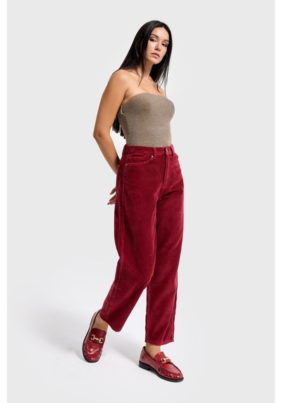 Itsbasic Kadın Bordo Renk 26w5-35 Relax Fit Kalın Fitilli Velvet Kadife Kumaş Pantolon