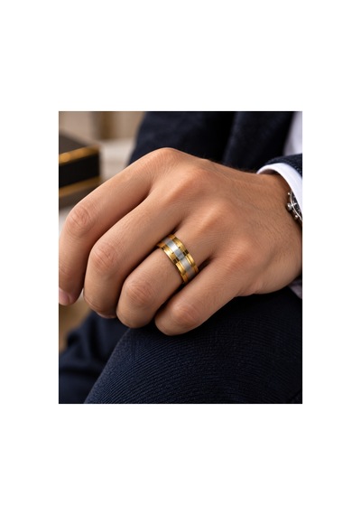 Unisex Gold Gümüş Detaylı Çelik Yüzük Altın - 919415418 Altın