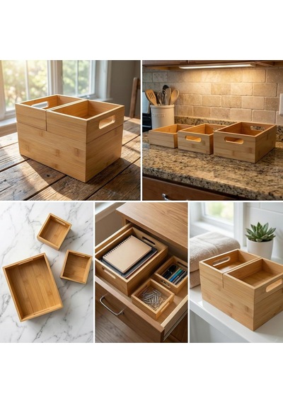 3'lü Modüler Bambu Organizer Set - Üst Üste Geçebilen Çok Amaçlı Çekmece İçi Ve Masaüstü Düzenleyici Kutu Diğer