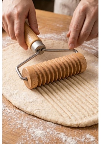 Tırtıklı Ahşap Rulo Hamur Şekillendirici Pide Ve Hamur İşleri İçin Şekillendirme Aparatı 20 Cm
