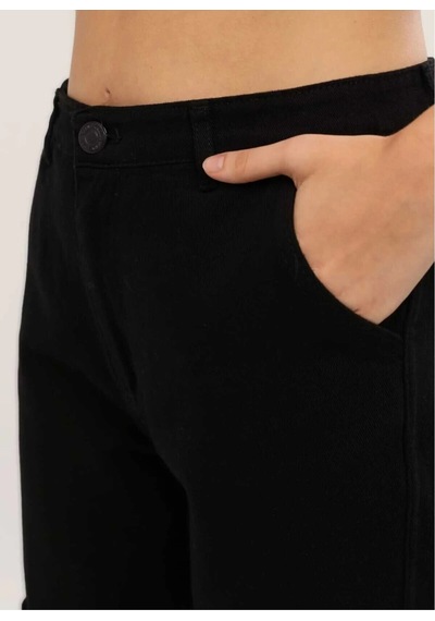 Kene Jeans Paça Lastik Kargo Cep Keten Mom Pantolon Siyah