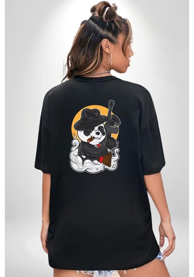 Gangster Panda Siyah Oversize Unisex Ön Ve Sırt Baskılı Tişört Siyah