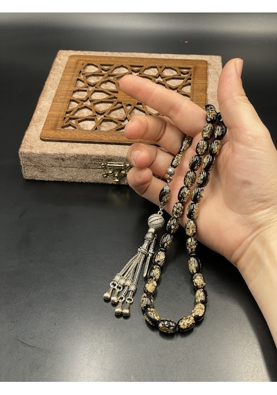 Onurlu Tesbihane Golden Rozalin Uçak Camı Tesbih Siyah 8x12 Mm Erkek Tesbihi Gümüş