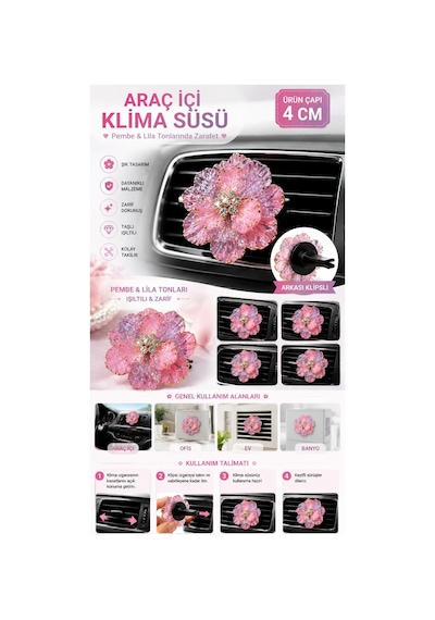 Pembe & Lila Mor Gold Varaklı Zirkon Taşlı Çiçek Araç İçi Klima Süsü