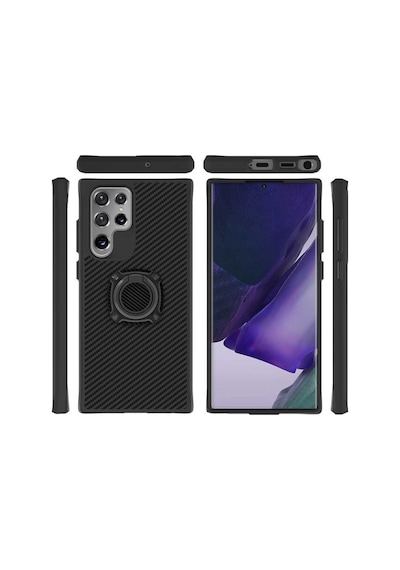 Samsung Uyumlu Galaxy S22 Ultra Kılıf Yüzüklü Karbon Koruyucu Kapak
