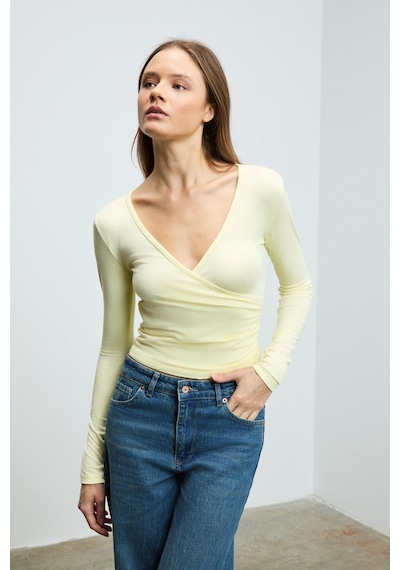 Grımelange CALLORIA Kadın V Yakalı Uzun Kollu Slim Fit Sarı Bluz