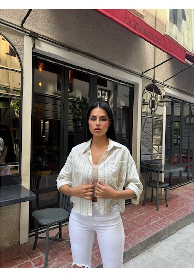 WeShaya Mavi Çizgili Cepli Düğmeli Gömlek Mavi