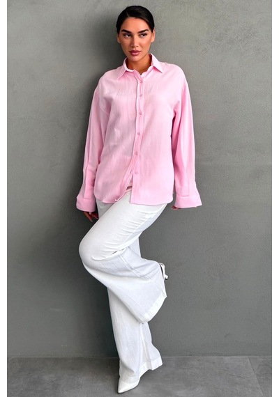 Madmext Pembe Keten Kadın Gömlek Mg2797