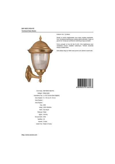 Avonnı Bap-68053-bsa-m2 Sarı Elektrostatik Toz Boyalı Dış Mekan Aydınlatma, E27, Aluminyum, Döküm Di Sku: Smgstk90969d4fc7