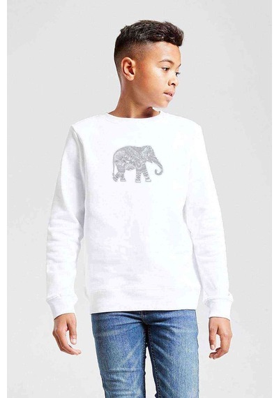Tshirthane Zentangle Elephants Baskılı Unisex Çocuk Beyaz Sweatshirt Beyaz