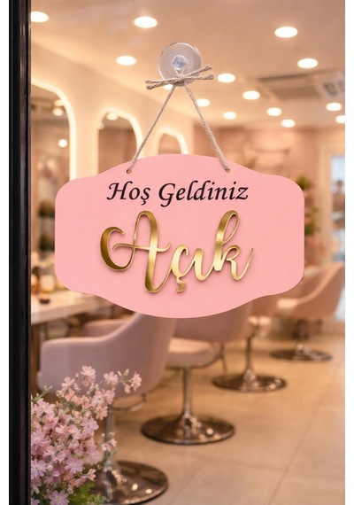 Gold Pleksi Detaylı 3d Ahşap Açık-kapalı Tabelası - Pembe