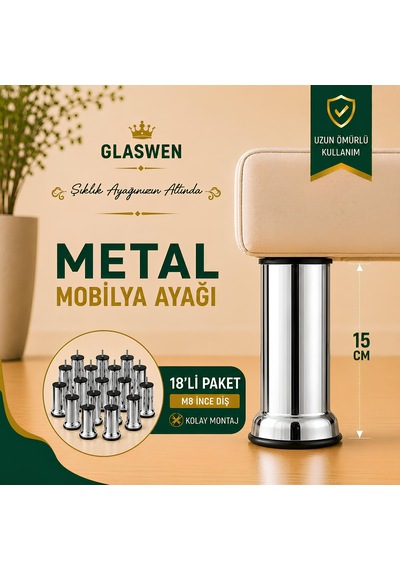 18 Adet Metal Destek Ayağı 15 Cm Krom Mobilya Kanepe Baza Koltuk Ünite Ayakları Metrik 8 Civatalı İnce Diş