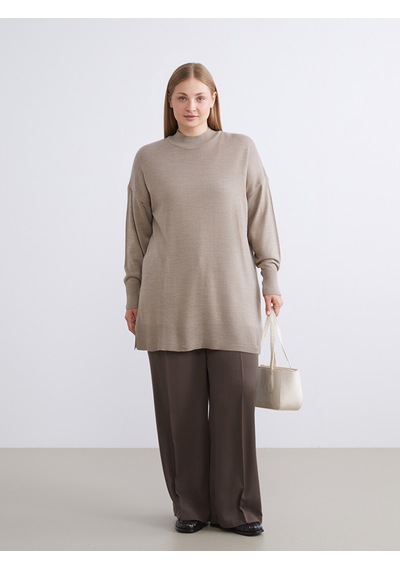 Lcw Modest Bej Dik Yaka Kadın Triko Tunik