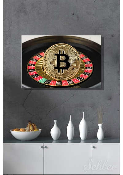 Kanvas Tablo Yatay Tekli Ev Kafe Ofis Rulet Çarkında Duran Altın Bitcoin Jetonu 2837