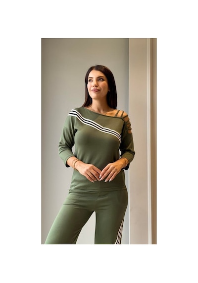 Butik İstanbul Kadın Uzun Kollu Truvakar Kol Tek Omuz Çapraz Şerit Detaylı Ribanalı Viskon Iki Iplik Bluz Ve Pantolon Ikili Takım Yeşil