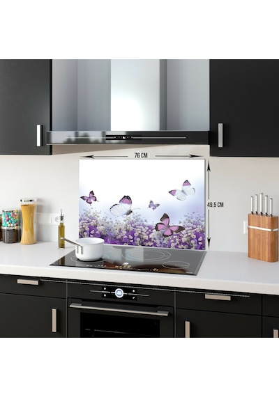 Decorıta Cam Ocak Arkası Koruyucu | Mor Çiçek & Kelebek Desenli