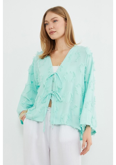 Fullamoda Püsküllü Önü Bağlamalı Salaş Kimono Mint Yeşili
