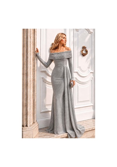 Lior Design Kadın Şık Model Degaje Yaka Dekolteli Maxi Uzun Kollu Abiye Elbise Gri