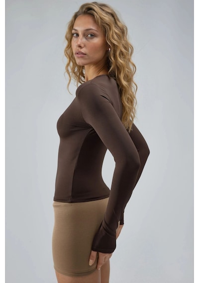 Hiccup Busem Slim Fit Yuvarlak Yaka Uzun Kollu Bluz Kahve Kahvesi