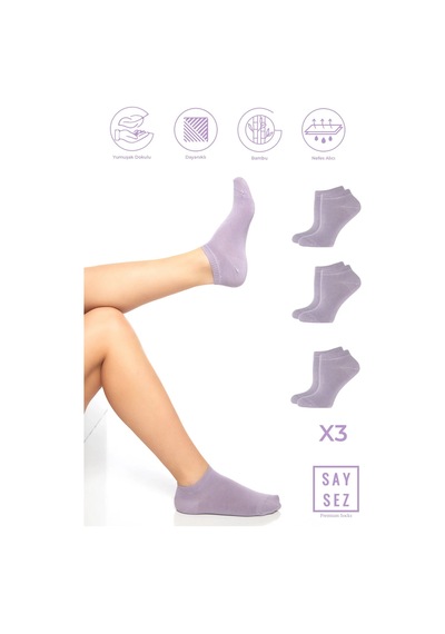 Saysez Bambu Kadın Patik Düz Mor-lila Çorap Dikişsiz Premium 3'lü Paket Renkli