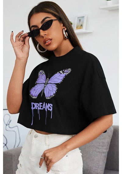 Flood Of Style Unisex Dream Butterfly Tasarım Tshirt Siyah