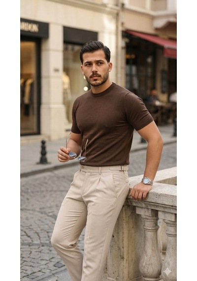 Veraura Lifestyle Erkek Basic Bisiklet Yaka Kısa Kollu Triko Tişört - %100 Pamuk Akrilik Kahverengi Veraura Lifestyle Erkek Basic Bisiklet Yaka Kısa Kollu Triko Tişört - %100 Pamuk Akrilik Kahverengi