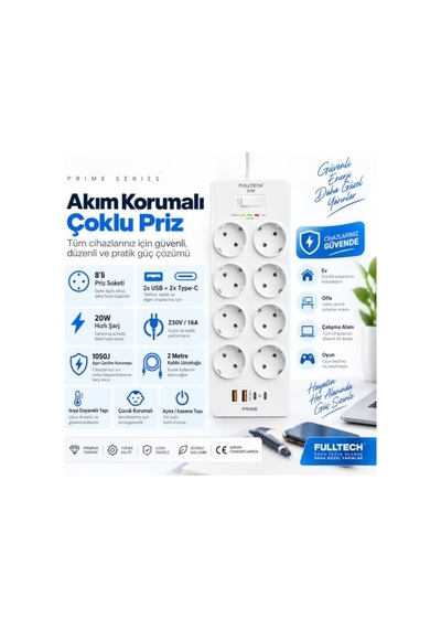 Termal Akım Korumalı, 8'li Priz Soketi, Isıya Dayanıklı Yapı, 8x Priz, 2x Usb, 2x Type-c Girişi, 20w Hızlı Şarj, Çocuk Korumalı Çoğaltıcı, 2 Metre Uzatma Kablosu 230v/16a/1050j
