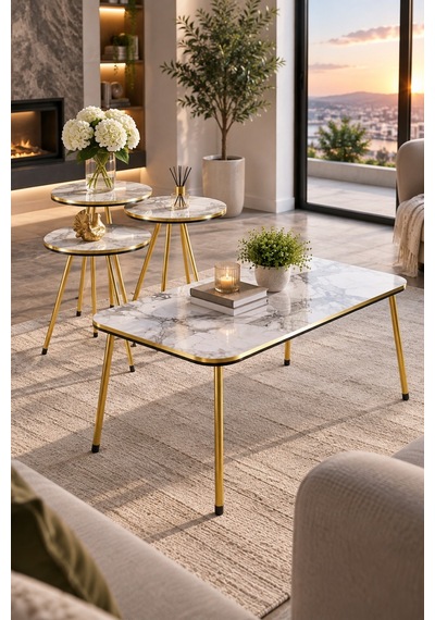 Sulorahome Beyaz Mermer Desenli Ve Gold Metal Ayaklı 4'lü Sehpa Seti
