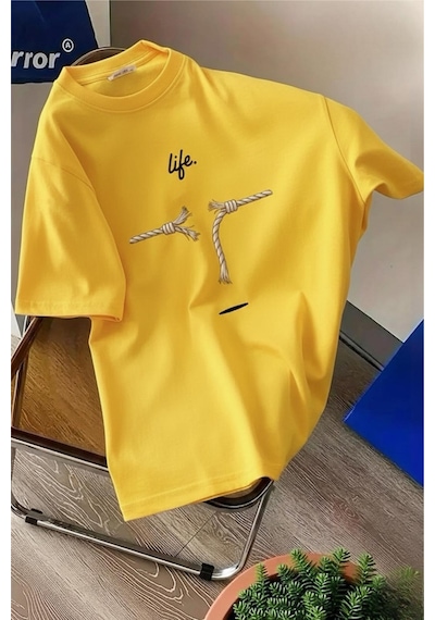Life Design Minimalist İllüstrasyon Baskılı Unisex Oversize Tişört Sari