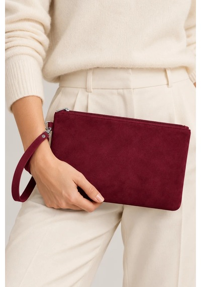 Adelina Bags Süet Portföy El Çantası Bilek Askılı Astarlı Bordo Clutch Çanta