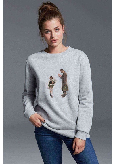 Leon Mathilda Baskılı Gri Kadın Sweatshirt