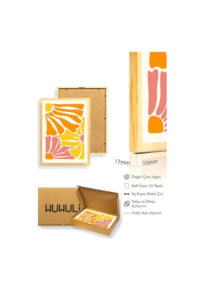Doğal Ahşap Çerçeveli Abstract Retro Tablo - Canlı Turuncu Sarı Soyut Desen Huhu2652